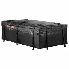 This CURT cargo bag is a roof-mount carrier made of black vinyl, measuring 18 inches high, 59 inches long, and 34 inches wide. It provides weather-resistant storage for transporting gear such as luggage or camping equipment on vehicle roof racks.