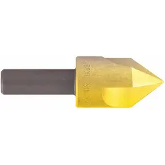 General purpose three-flute countersink with a 90° included angle and 5/8 in body diameter. Constructed from TiN coated high-speed steel for use in deburring and countersinking holes in ferrous and non-ferrous materials.