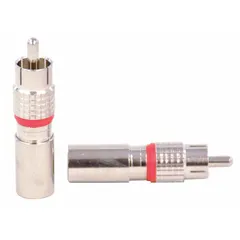 Silver nickel-plated male RCA connector for RG-59 coaxial cable. Compression-style termination ensures secure connection. Plenum-rated for use in air-handling spaces. Sold in a 10-pack.