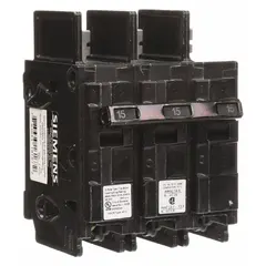 3-pole miniature circuit breaker rated 15 A at 240V AC with high interrupting capacity. Designed for bolt-on installation in panelboards, providing overcurrent protection in electrical distribution systems.