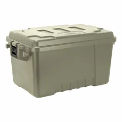 This 14-gallon plastic storage trunk measures 24 in x 15 in x 13 in and features a green finish. It includes two molded handles and latch closures for secure transport and storage. Suitable for organizing tools, parts, or supplies in workshops, warehouses, and job sites.