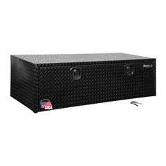Single drop-down door box in black with a smooth finish. Features a keyed lock for security. Designed for underbody mounting on trucks to provide organized storage for tools and equipment.