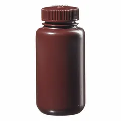 High-density polyethylene wide-mouth round bottle with amber body for UV protection. Includes a 43 mm polypropylene closure. Capacity 250 mL (8 fl oz). Not graduated. Suitable for storing and dispensing liquids in laboratory environments.