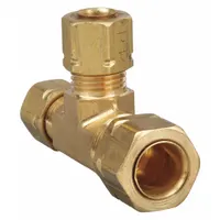Brass compression tee fitting for joining three tubes of 3/8 in, 1/4 in, and 1/4 in outer diameter. Self-aligning design accommodates misalignment in tubing systems. Suitable for branch connections in pneumatic, hydraulic, and instrumentation lines. Pack of 10