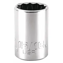 This PROTO socket features a 1/2" drive and 15/16" SAE size with a 12-point configuration for use on hex fasteners. The chrome finish provides corrosion resistance. Suitable for general hand-tool applications in mechanical and industrial settings.