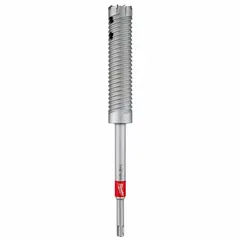This SDS-Plus rebar cutting drill bit is designed for drilling through rebar and concrete in reinforced concrete applications. With a 1-1/4 in diameter, 12 in overall length, and 10 in maximum drilling depth, it is suited for construction and demolition tasks requiring penetration through steel reinforcement.
