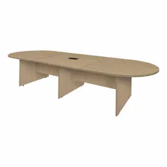 Laminate/melamine oval conference table in Noble Oak finish. Overall length 144 inches, overall width 52 inches. Slab leg design with PVC edge banding. Suitable for boardrooms, meeting rooms, and executive offices.