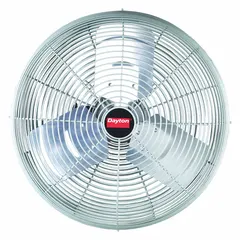 This Dayton industrial fan features a 20-inch blade diameter and a 1/4 hp motor operating on 115V AC. It offers two speeds and is designed for ceiling, post, or wall mounting. The non-oscillating fan is suited for facility ventilation and air circulation in industrial environments such as workshops, warehouses, and manufacturing plants.