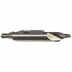 Double-end plain-tip hey-type center drill for precision centering operations in metalworking. #5 size with 60° angle, 2 3/4 in overall length. Constructed from AlTiN coated high-speed steel to reduce friction and extend tool life.