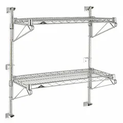 Two-shelf wall-mount shelving unit with chrome-finished steel construction. Each shelf supports up to 125 lb. Direct mounting mechanism for secure attachment. Suitable for organizing tools, parts, and supplies in industrial facilities, warehouses, and workshops.