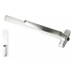 This rim-type exit device features a touchbar style and aluminum construction. It includes a night latch outside trim for secure re-entry. Designed for doors up to 3 ft wide, it is ADA compliant for accessible egress in commercial applications.
