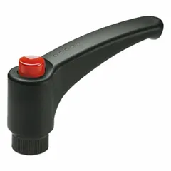 This teardrop-style adjustable handle features a fiberglass-reinforced plastic grip with a brass threaded insert and a green push button. The 5/16"-18 threaded hole allows for manual adjustment and clamping in machinery, jigs, and fixtures where frequent repositioning is required.