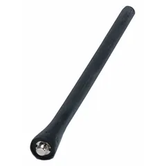 This VHF whip antenna operates from 156 MHz to 164 MHz and fits ICOM M25, M37, and M94D radios. It has an overall length of 6 1/4 inches and a black finish. Suitable for marine and land-mobile VHF communication applications.