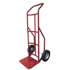 This hand truck features a steel frame with a red finish and a flow-back handle for maneuverability. It is equipped with 10-inch pneumatic wheels suitable for various surfaces. Typical applications include moving heavy loads in warehouses, factories, and delivery settings.