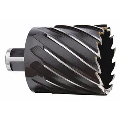 This annular cutter is made of high-speed steel with a black oxide finish. It has a 1-9/16 in cutter diameter and a maximum cutting depth of 2 in. Designed for use with magnetic drill presses and portable drills to create holes in metal.