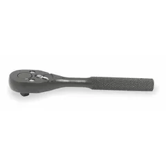 Reversible pear-head ratchet with a 15° minimum arc swing for use in confined spaces. Overall length of 10 inches with a black oxide finish. Features a quick-release mechanism for fast socket changes.