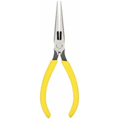 Needle-nose pliers with 7 1/4 in overall length, 2 1/2 in jaw length, and 1/8 in tip width. Features a built-in wire stripper. Used for gripping, bending, and cutting wire in electrical, HVAC, and general maintenance work, with the long nose reaching tight spaces.