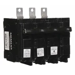 Three-pole, three-phase miniature circuit breaker rated 70 A at 120/240V AC with shunt trip. Part of the BL Series, bolt-on design for use with Siemens P1 panelboards. Provides overcurrent and short-circuit protection with a maximum AIR rating of 10kA at 240V AC.