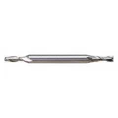 Double-end high-speed steel square end mill with TiN coating for wear resistance. Features a 9/64" mill diameter, 13/32" length of cut, and 2-flute geometry for efficient chip evacuation. Suitable for slotting, profiling, and contouring in general-purpose milling of ferrous and non-ferrous materials.