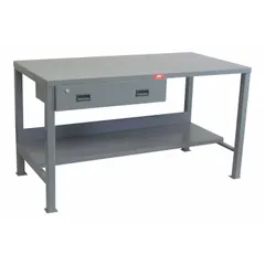 This JAMCO steel workbench measures 72 inches by 36 inches and is finished in gray. It features integrated drawers and lower shelves for organized storage. The workbench has an overall load capacity of 3,000 pounds, suitable for heavy-duty assembly, maintenance, and industrial workstation applications.