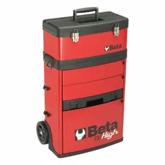 This steel rolling tool box provides mobile storage for tools and equipment in workshops and job sites. It features a red finish, a hinged lid with keyed lock, and five compartments for organizing hand tools, power tools, and accessories.