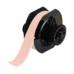 Continuous thermal transfer label roll in pink gloss vinyl, 1 1/8 in x 100 ft, rated for outdoor use. Compatible with BBP30 printer series. Used for industrial identification, pipe marking, and safety signage requiring weather-resistant labels.