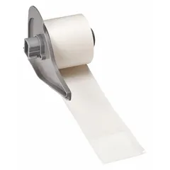 Vinyl wraparound label for permanent identification of wires from 8 AWG to 2 AWG. White matte finish provides a clear surface for printing. Compatible with BMP71 printer series and requires M71-R4300 ribbon. Used in control panels, electrical installations, and facility maintenance.