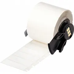 Nylon wraparound label, black on white, measuring 1 1/2 in x 1/2 in. Designed for wire gauges from 10 AWG to 4 AWG. Compatible with BMP71 printer series and requires M61-R4310 ribbon. Used for permanent identification of wires in industrial electrical panels, machinery, and cable management systems.