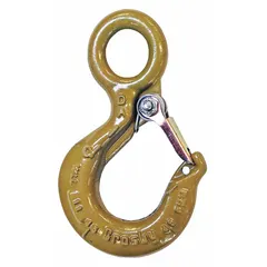 Alloy steel slip hook with 100 grade rating and 2 in hook opening. Gold finish with visual indicator markings for deformation and max angle. Used in rigging and material handling to attach slings to loads.