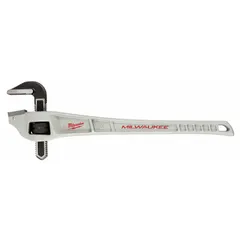 This offset pipe wrench features a serrated jaw for secure gripping and an ergonomic design to reduce hand fatigue. With a 24-inch overall length and 3-inch jaw capacity, it is suited for turning pipes in confined spaces where clearance is limited. The aluminum construction provides lightweight handling for plumbing and mechanical tasks.