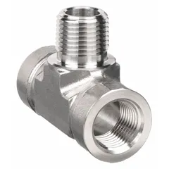316 stainless steel metal pipe tee (run x run x branch) for extreme pressure instrumentation systems. 1/8 in x 1/8 in x 1/8 in fitting pipe size, rated to 5,500 psi. Used to split or combine fluid flow in hydraulic, pneumatic, and process control applications.