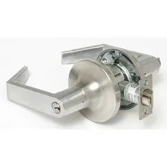 This office lever lockset from the Augusta series features a satin chromium-plated zinc finish in chrome. It is ADA compliant for accessible lever operation. The F109 function allows key locking from the outside while the inside lever remains free for egress, suitable for interior commercial doors in office and institutional settings.
