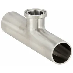 This 316 stainless steel sanitary tee fitting features a short outlet design for compact branch connections in hygienic piping systems. With 2 in OD main run and 1 in OD branch, it uses clamp/weld ends and meets ASME BPE standards for clean-in-place applications.