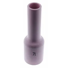 Gas lens nozzle made of alumina, No. 7 Long, reference number 54N15L. Sold in a 10-pack. Used in TIG welding to improve shielding gas coverage and access in tight joints.