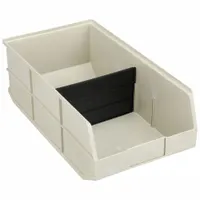 This beige plastic shelf bin measures 11 inches by 7 inches with an overall length of 20 1/2 inches. It is nesting capable for compact storage when empty and includes dividers to separate contents. Suitable for organizing small parts and components on standard shelving in industrial storage systems