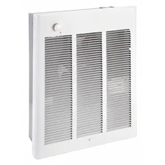 This large recessed electric wall heater delivers 1800 W of supplemental heat for commercial or industrial spaces. It operates on 120V AC, single-phase, and features a non-programmable design with a white grille. Rough-in dimensions are 18-1/4 in x 14-5/8 in x 3-7/8 in.