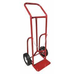 This single-cylinder hand truck is designed for transporting one compressed gas cylinder weighing up to 500 lb. It features a red finish, a chain securing mechanism, and a 14 in wide by 8 in deep nose plate. Typical applications include moving cylinders in industrial facilities, welding shops, and maintenance depots.