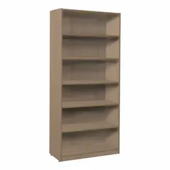 This stationary bookcase is constructed of wood with a Noble Oak laminate finish. It measures 71 inches in height, 32 inches in width, and 14 inches in depth. Suitable for storing books, binders, and office supplies in professional or home environments.