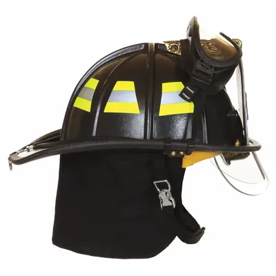 FIRE-DEX Fire Helmet: White, Fiberglass, Traditional Rear Brim, Chin Strap