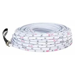 KESON SR-10-300 is a 300 ft fiberglass surveyors rope with a single-sided SAE/Engineers scale graduated in 1/10 ft increments. It features a loop tip termination and is used for measuring long distances in construction, land surveying, and engineering projects.