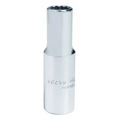 This 3/8" drive hand socket has a 21 mm, 12-point deep design for turning metric fasteners. The chrome finish provides corrosion resistance. Suitable for industrial maintenance, automotive repair, and assembly applications where a deep socket is needed to reach recessed nuts and bolts.