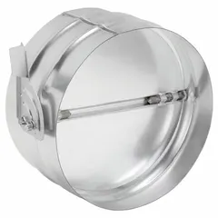This round manual balancing damper is constructed from steel and includes a locking manual quadrant. It is designed for horizontal mounting and supports a maximum air velocity of 2000 fpm. Used to regulate airflow in HVAC ductwork for balancing air distribution in ventilation systems.