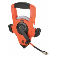 Open-reel long tape measure with a 100 ft fiberglass blade. Single-sided SAE/Engineers scale graduated in 1/100 ft increments. Nonmagnetic single hook at the hook end. Plastic case with auto-rewind mechanism. Used for measuring long distances in construction layout, surveying, and infrastructure projects.