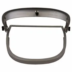 Aluminum bracket in silver finish for attaching face shields to hard hats. Band attachment type. Compatible with Bullard S62 series hard hats and model 62YLR. Used in industrial environments for mounting face shields to head protection.