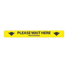 Yellow plastic floor sign with adhesive backing for marking waiting areas. Measures 2-1/4 in x 20 in, 0.036 in thick. Non-retroreflective. Suitable for directing foot traffic and maintaining spacing in industrial, warehouse, and commercial settings. Pack of 10.