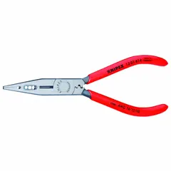 Needle-nose pliers with 1 3/4 in jaw length and 3/8 in tip width, overall length 6 1/4 in. Features a built-in wire stripper for electrical and assembly tasks. Not insulated. Suitable for precision gripping, bending, and cutting in confined spaces.