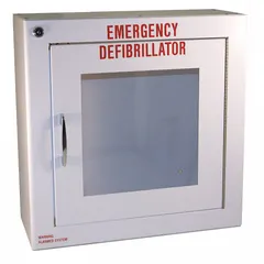 This white steel surface-mounted cabinet is designed for secure storage of an AED. It includes an integrated alarm to deter unauthorized access while enabling quick retrieval in emergencies. The cabinet measures 17 1/2 inches in overall height and is intended for wall mounting in accessible locations.