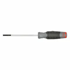 This PROTO slotted screwdriver features a 3/16 in tip size and a 5 in shank length, with an overall length of 9 1/4 in. The cushion grip provides comfort during use. Suitable for fastening and loosening slotted screws in general maintenance, assembly, and repair tasks.