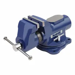 This clamp-on bench vise is constructed of steel for general workshop use. It has a 4-inch jaw face width and a 5-inch maximum jaw opening, suitable for holding workpieces during machining, assembly, and light fabrication tasks.