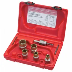 This 7-piece hole cutter kit features carbide-tipped teeth with a 4/6 tooth configuration, designed for cutting clean holes in steel plate up to 1/2 inch thick. Suitable for metal fabrication, HVAC ductwork, and electrical panel installations.